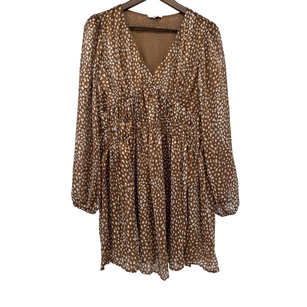 Umgee Brown Metallic Shimmer Dotted Boho Lined Mini Dress Sheer romantic empire